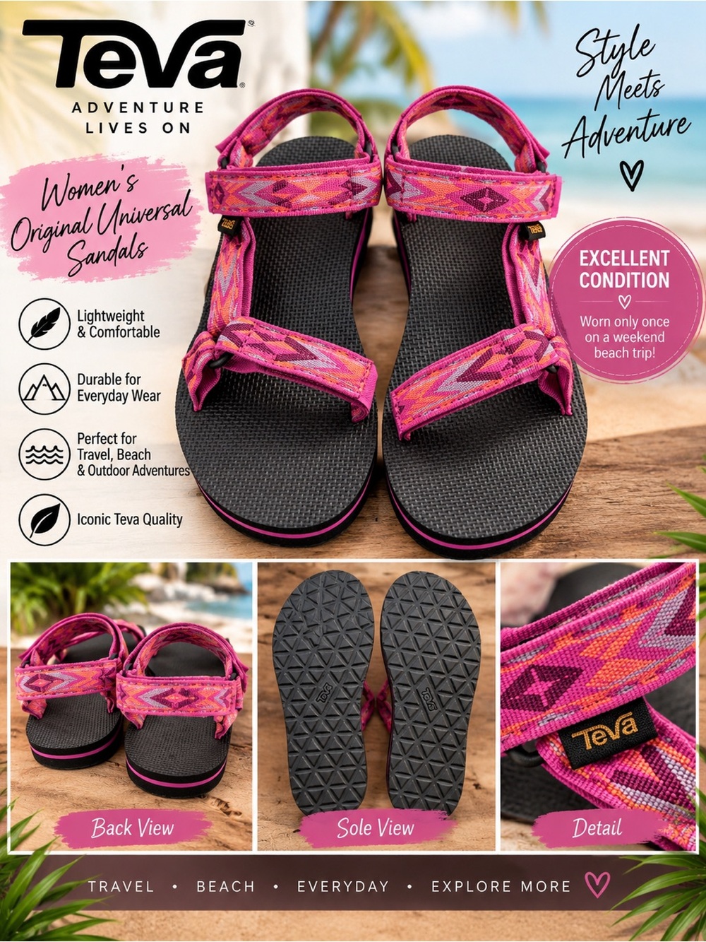 Teva Women's Pink Aztec Strap Sandals size 10